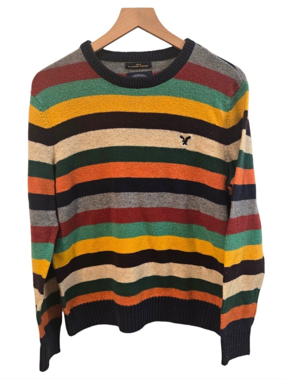 Vintage Y2K American Eagle Multicolor Striped Wool Blend Men's Sweater Large